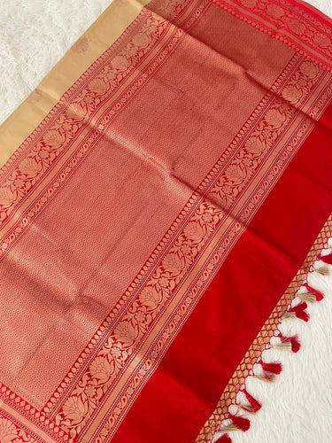 Banarasi Katan Silk Saree | Deep Beige and Red | Handwoven | Silk Mark Certified | Ships from California